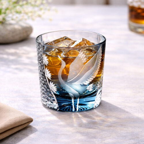 江戶切子｜水晶威士忌杯-墨藍仙鶴