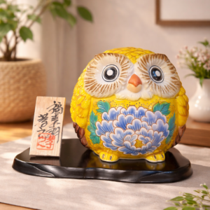 九谷燒｜貓頭鷹（黃彩牡丹）